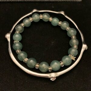 Two Bracelets SilverTone Rhinestone Bangle 8” Green Jade Stone Stretch Bracelet